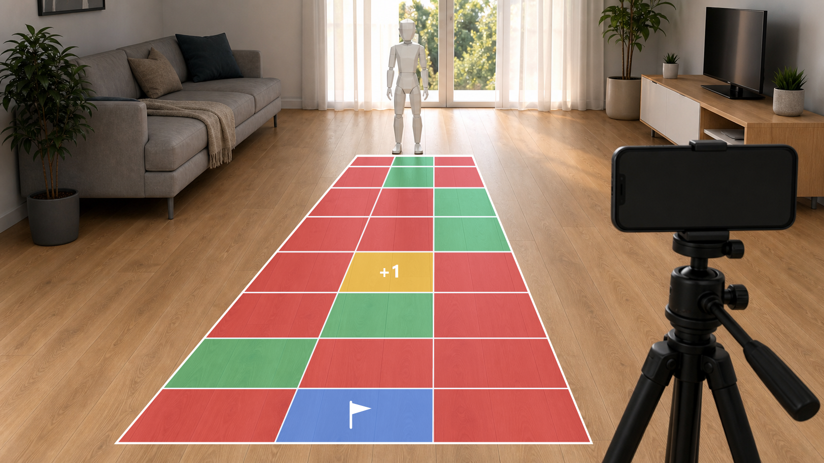 Einfacher 3D-Dummy am hinteren Start eines Kamera-Parcours mit drei Spalten und acht Reihen